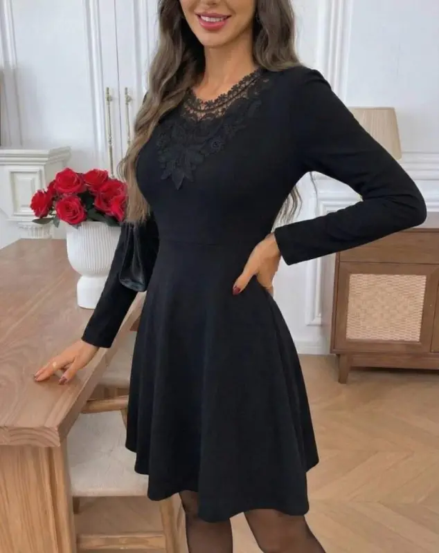 Ayollar uzun qollari dantelli yoqali mini import krep ko'ylak - 3