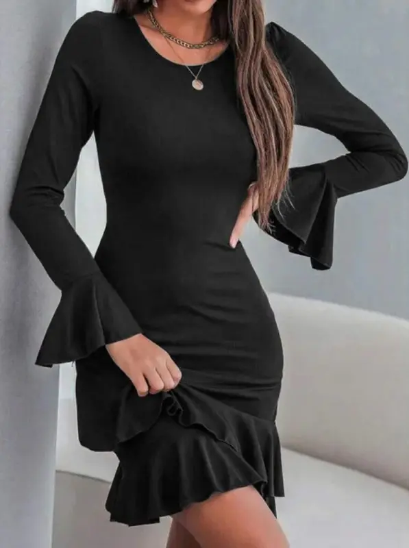 Ayollar uzun qollari dumaloq yoqali burmali yeng uchi volanli janjan krep mini ko'ylak - 3