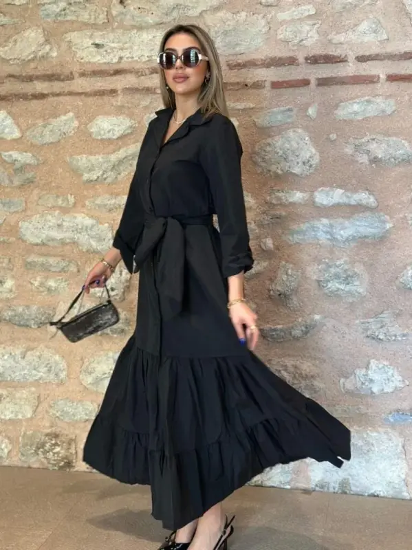 Ayollar uzun qollari etagi burmali beli kamarli trikoton to'liq bo'yli ko'ylak libos - 9