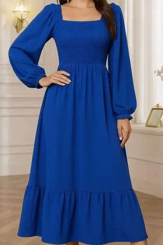 Ayollar uzun qollari kvadrat yoqali gipürli uzun trikotaj ko'ylak - 2