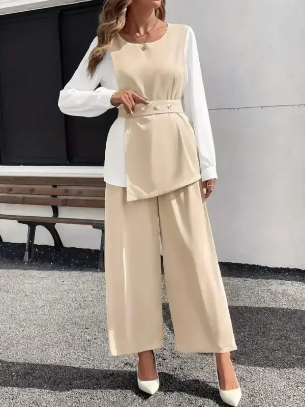 Ayollar uzun qollari ochiq yoqali ikki rangli kamarli import krep ikki qismli kostyum - 1