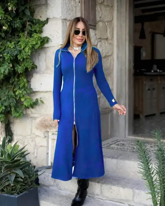 Ayollar uzun qollari old tomondan fermuarli import krep ko'ylak - 1