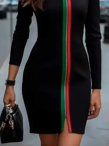 Ayollar uzun qollari old tomondan to'liq fermuarli rangli chiziqli detallari viskon ikki ipli mini ko'ylak - 3