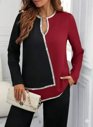 Ayollar uzun qollari V yoqali pulli payetli kashtali import krep bluzkasi - 1