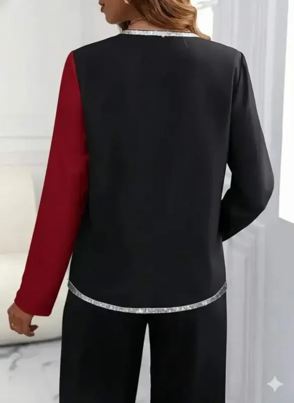 Ayollar uzun qollari V yoqali pulli payetli kashtali import krep bluzkasi - 4