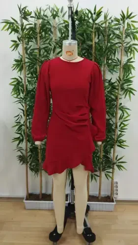 Ayollar uzun qollari velosiped yoqasi oldidan volanli import krep ko'ylak - 6