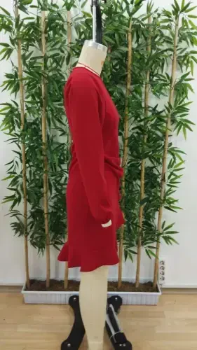 Ayollar uzun qollari velosiped yoqasi oldidan volanli import krep ko'ylak - 7