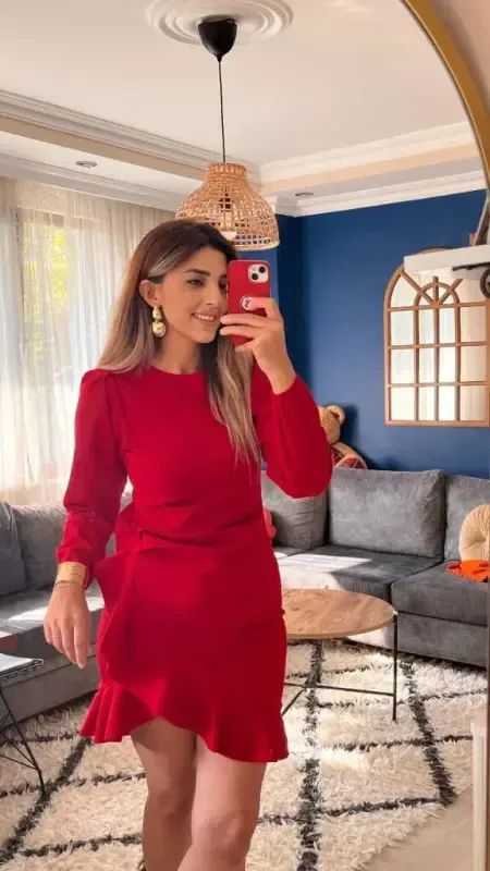 Ayollar uzun qollari velosiped yoqasi oldidan volanli import krep ko'ylak - 11