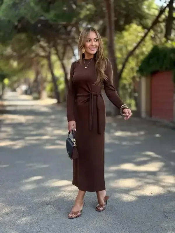 Ayollar uzun qollari velosiped yoqasi yon tomondan bog'langan uzun modal ko'ylak - 3