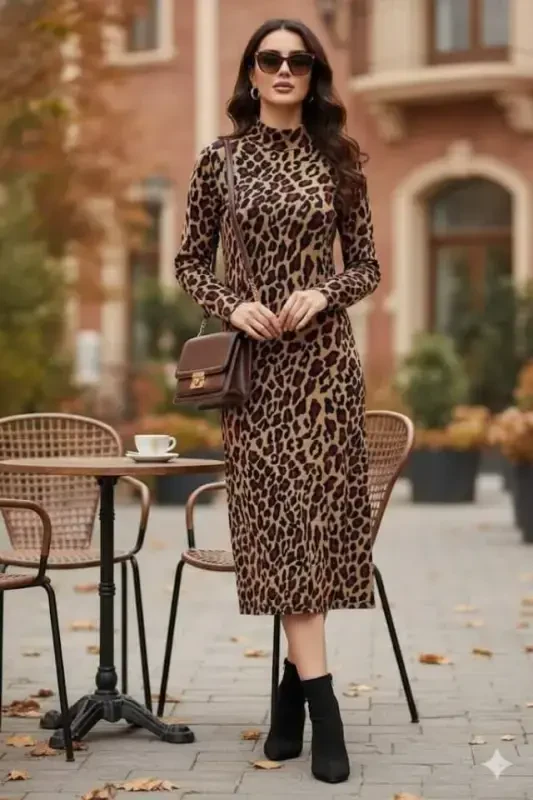 Ayollar uzun qo'lli balıqchi yoqalı leopard naqshli midi bo'yli ko'ylak - 3