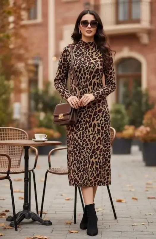 Ayollar uzun qo'lli balıqchi yoqalı leopard naqshli midi bo'yli ko'ylak - 1