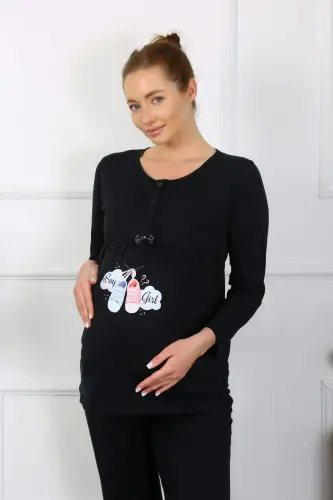 Ayollar uzun qo'lli homilador va homilador kiyimlari pijama to'plami qora 45501 - BÜYÜKBEDENIZ (1)