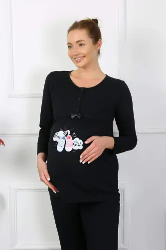 Ayollar uzun qo'lli homilador va homilador kiyimlari pijama to'plami qora 45501 - 3