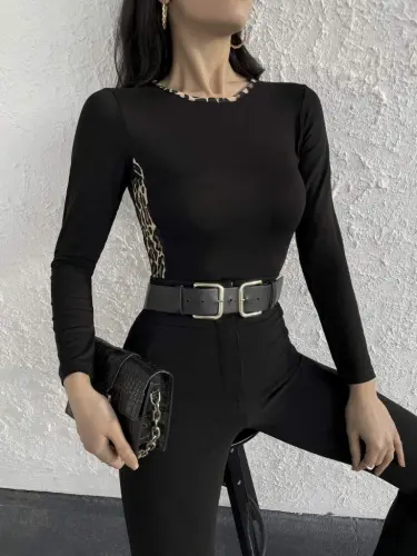 Ayollar uzun qolli leopard chiziqli viskoza bluzkasi - 1