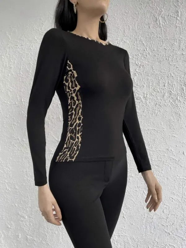 Ayollar uzun qolli leopard chiziqli viskoza bluzkasi - 4