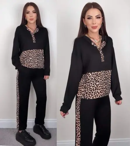 Ayollar uzun qolli leopard detalli svitshot va yon tomoni leopard chiziqli detalli shimlar ikkilik to'plami - 10
