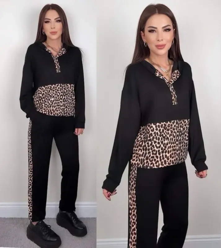 Ayollar uzun qolli leopard detalli svitshot va yon tomoni leopard chiziqli detalli shimlar ikkilik to'plami - 10