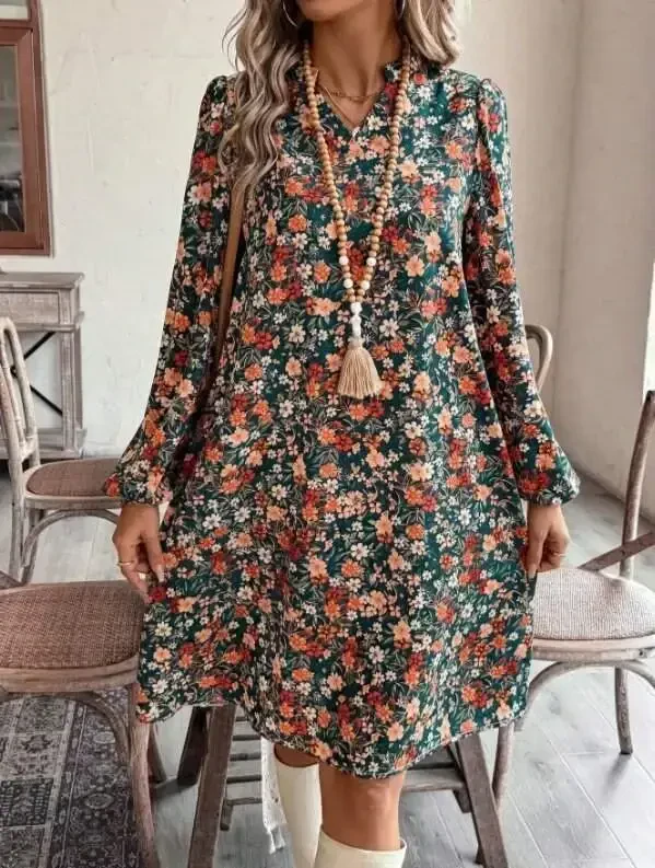 Ayollar uzun qolli V bo'yinli naqshli modal mini ko'ylak - 1