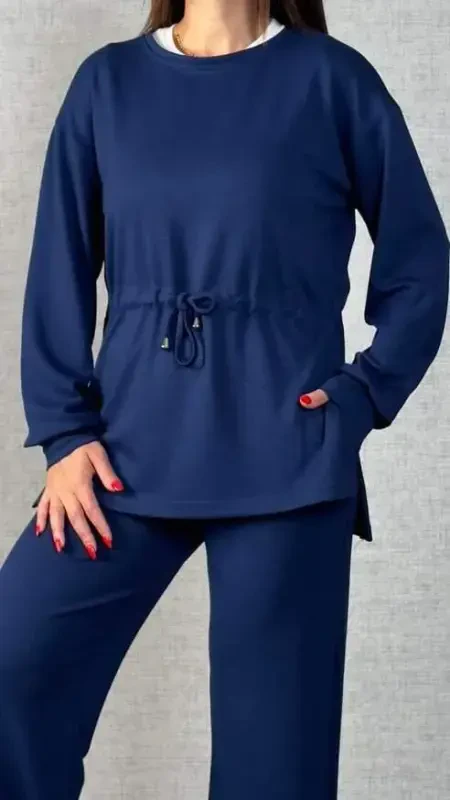 Ayollar uzun qo'lli velosiped yoqali beldan büzgülü bog'ichli viskon ikki iplik bluz va shimlar ikkilik to'plami - 2