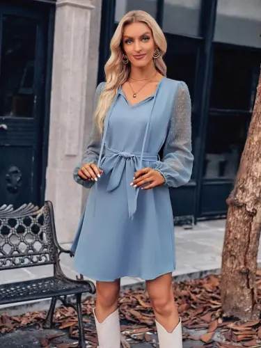 Ayollar uzun qolli yoqadan bog'ichli beldan kamarli import krep ko'ylak - 3