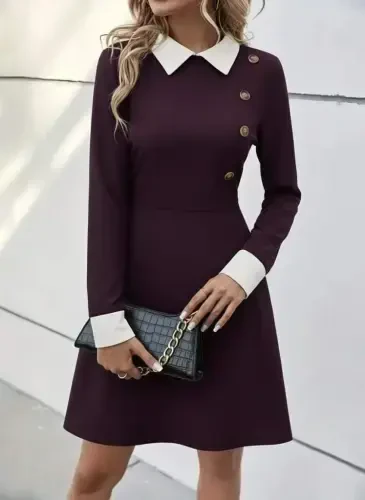 Ayollar uzun qollı yoqali tugmali to‘q binafsha modal mini ko‘ylak - BÜYÜKBEDENIZ (1)