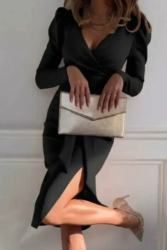 Ayollar uzun qollik kruvaze yoqali yon tomondan yirtigli beldan kamarli midi import krep ko'ylak - 2