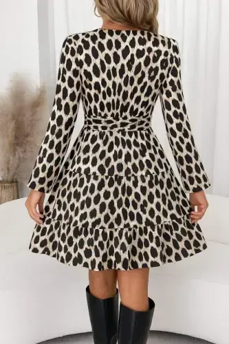 Ayollar uzun qollik o'ralgan yoqali naqshli mini modal ko'ylak - BÜYÜKBEDENIZ (1)