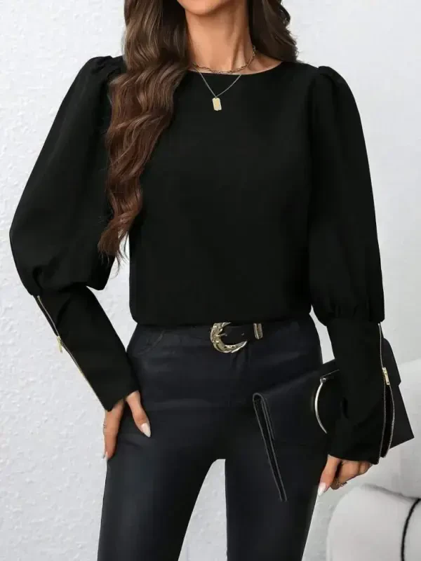 Ayollar uzun qollik velosiped yoqali fermuar detallari import qilingan krep bluzka - 3