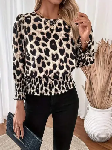 Ayollar uzun qollik velosiped yoqali leopard naqshli modal bluzkasi - 1