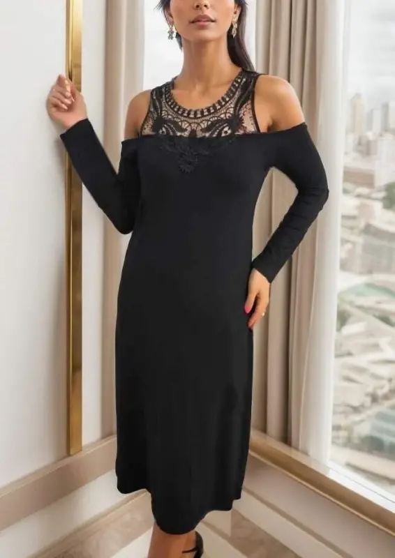 Ayollar uzun qollu yoqali oldi gipyurlu Madonna yoqali viskon midi bo'yli ko'ylak - 6