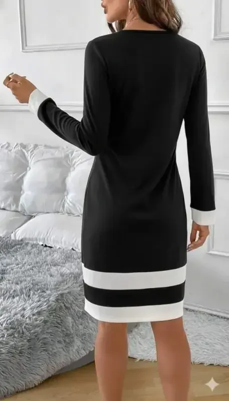 Ayollar uzun yengli dumaloq yoqali etek uchi chiziqli detallari mini qora oq suzuvchi ko'ylak - 3