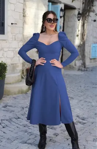 Ayollar uzun yengli ko'krak va orqa dekolteli krep midi bo'yli ko'ylak - 3