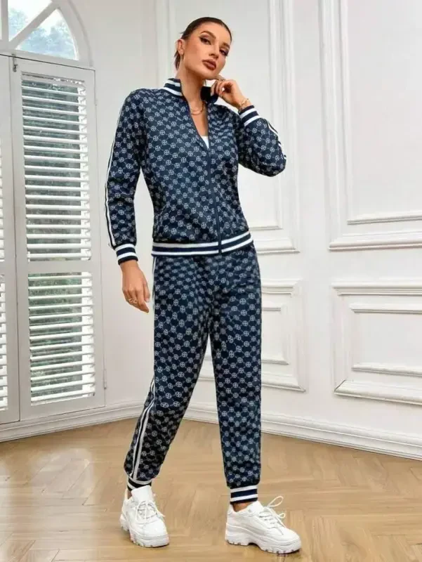 Ayollar uzun yengli oldindan fermuarlı naqshli ikki ipli bluz va shimlar ikki qismli kostyum - 1