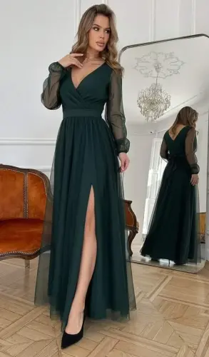 Ayollar uzun yengli o'ralgan yoqali belbog'li uzun import krep ko'ylak - 2