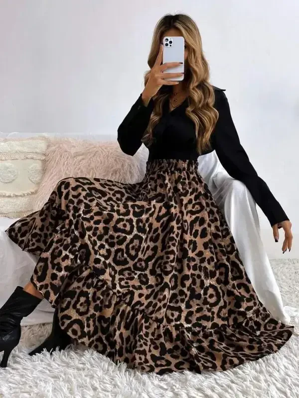 Ayollar uzun yengli o'ralgan yoqali import qilingan krep bluzka va leopard naqshli supremdan uzun ko'ylak - BÜYÜKBEDENIZ