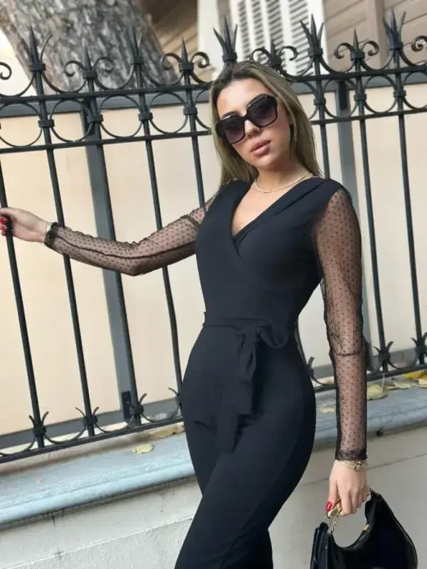 Ayollar uzun yengli o'ralgan yoqali, yenglari tyul detallari, beli kamarbendli import krep kombinezon - 5