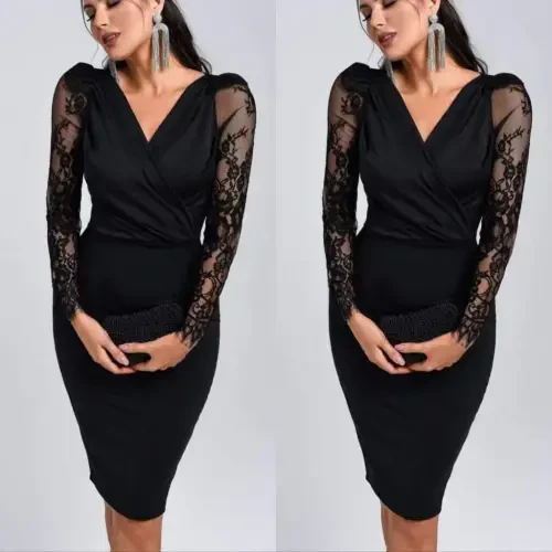 Ayollar uzun yengli o'ralgan yoqali, yenglari tyul detalli krep mini ko'ylak - 3