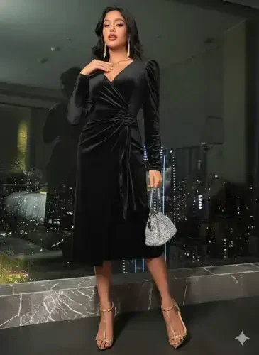 Ayollar uzun yengli o'ralgan yoqali yon tomonidan burmali midi baxmal ko'ylak - 1