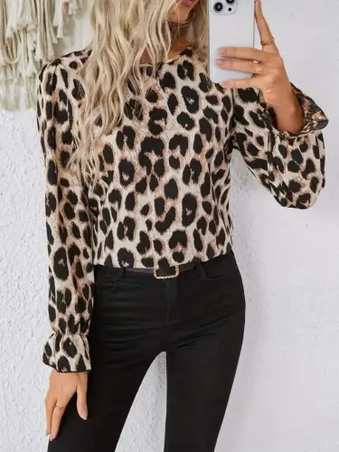 Ayollar uzun yengli orqa tomondan bantli leopard naqshli supremdan bluzka - 5