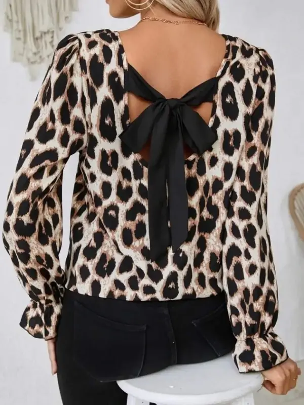 Ayollar uzun yengli orqa tomondan bantli leopard naqshli supremdan bluzka - 6