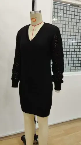 Ayollar uzun yengli V bo'yinli mini trikotaj ko'ylak - 8