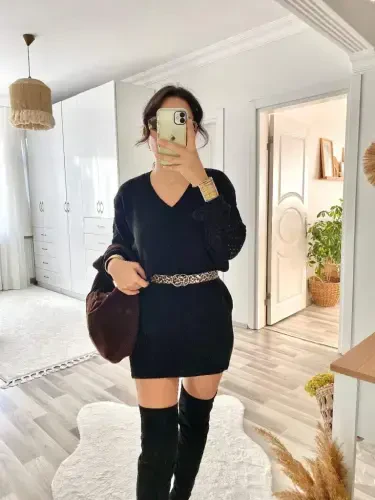 Ayollar uzun yengli V bo'yinli mini trikotaj ko'ylak - 12