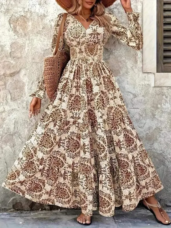 Ayollar uzun yengli V yoqali naqshli supremdan ko'ylak - 2