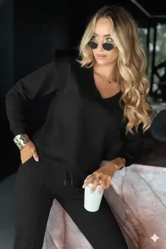 Ayollar uzun yengli V yoqali viskoza ikki ipli bluz va shim ikki qismli kostyum - 3