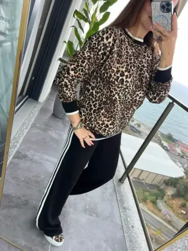 Ayollar uzun yengli velosiped yoqali leopard naqshli ikki ipli bluz va viskon ikki ipli shimlar to'plami - 5