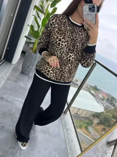 Ayollar uzun yengli velosiped yoqali leopard naqshli ikki ipli bluz va viskon ikki ipli shimlar to'plami - 6