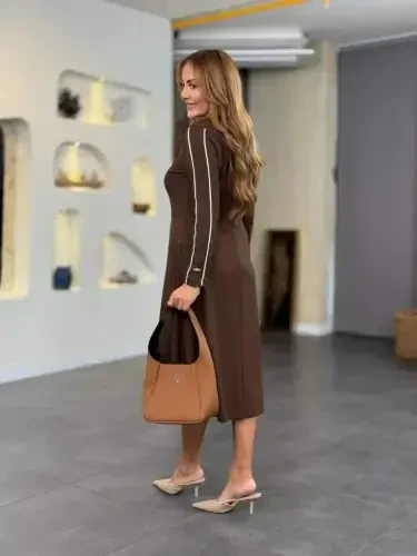 Ayollar uzun yengli velosiped yoqali midi modal ko'ylak - 3