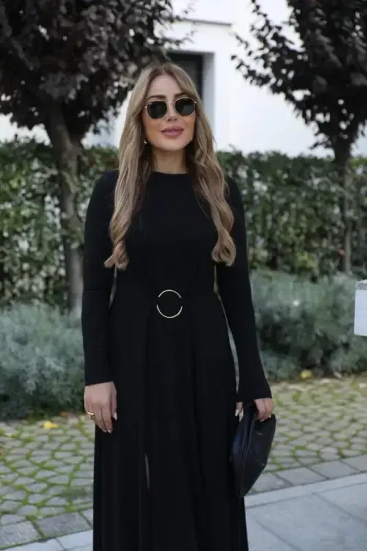 Ayollar uzun yengli velosiped yoqali oldidan halqali detalli yirtigli uzun viskon ikki ipli ko'ylak - 3