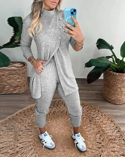 Ayollar uzun yengli водолазка oldidan tugmali bluz va shim yumshoq ikki qismli kostyum - 1