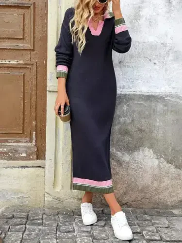 Ayollar uzun yengli yoqali ko'p rangli triko uzun ko'ylak - 3